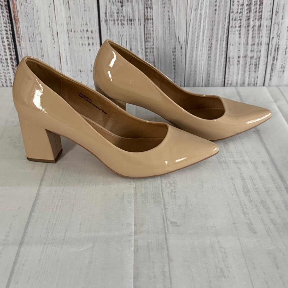 Abound Dury Nude Patent Block Heel Pumps Pointed Toe Beige 9M ABADURY-PU